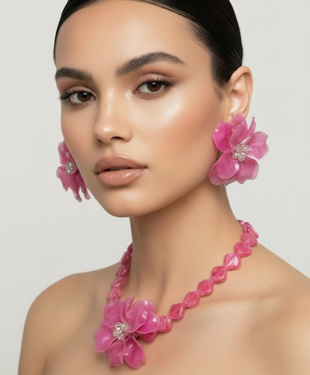 Beautiful pierced gold and pink plastic necklace and large earring set